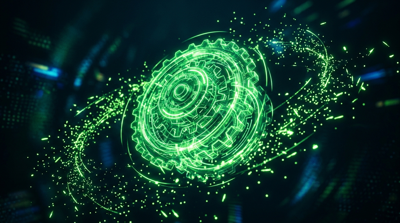 engrenagem holográfica verde neon complexa com partículas de luz, representando sistema automatizado de otimização