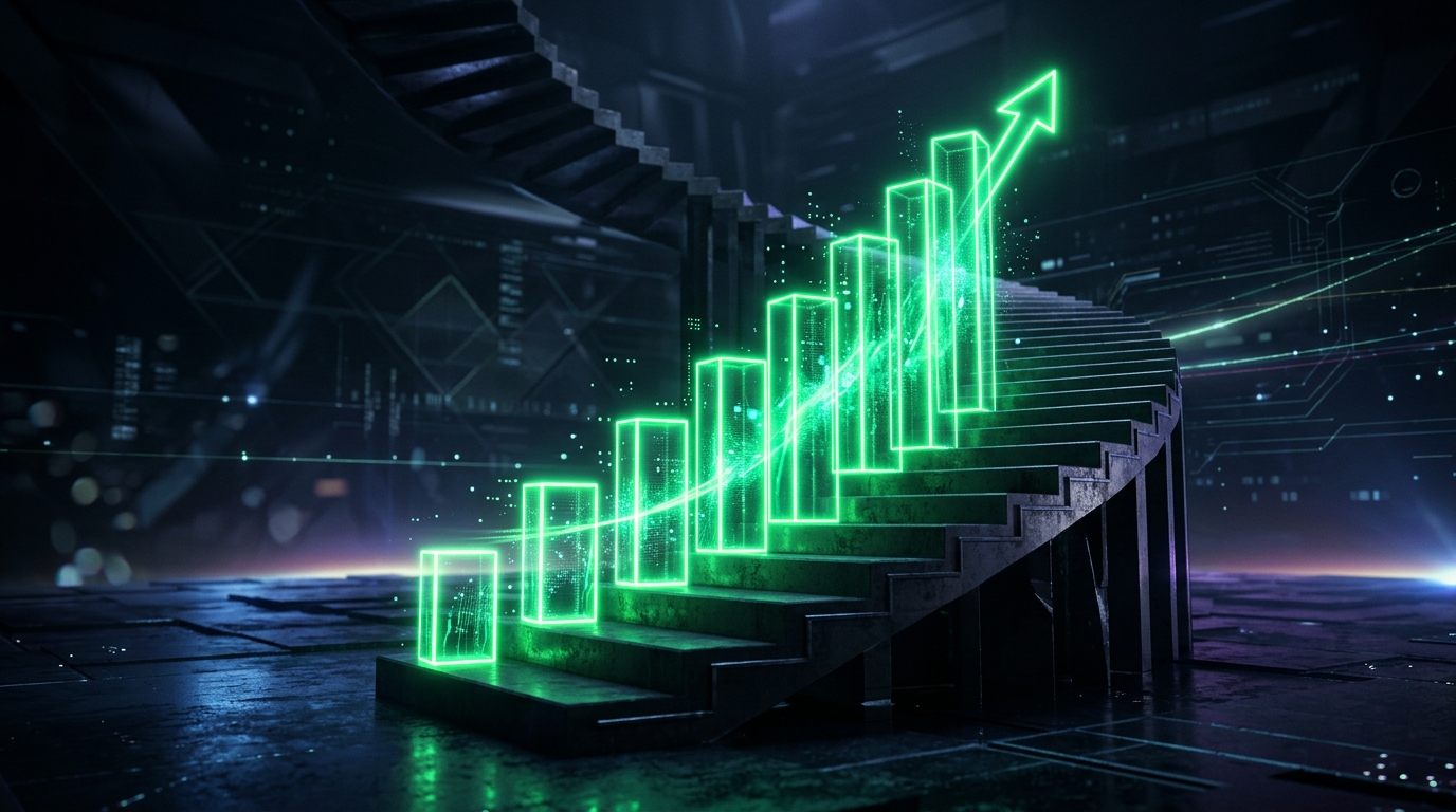 gráfico de barras holográfico verde neon subindo, representando crescimento de retorno sobre investimento
