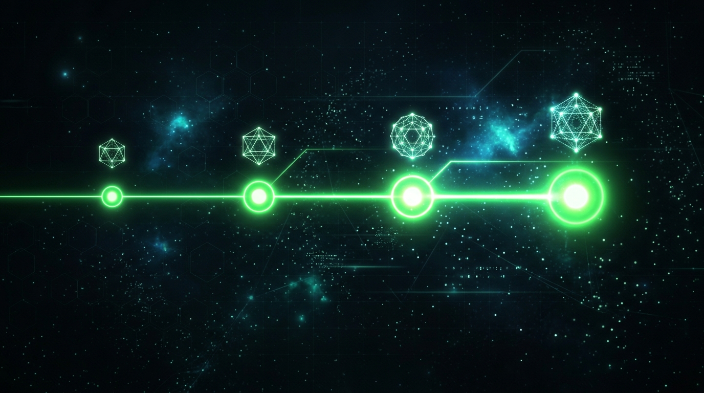 linha do tempo holográfica verde neon com quatro marcos luminosos sobre fundo escuro