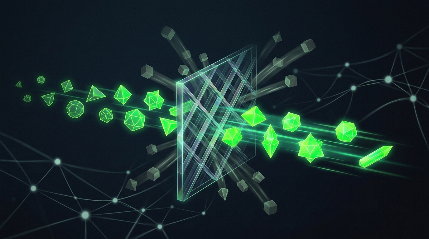 filtro geométrico verde neon separando formas originais brilhantes de cópias apagadas sobre fundo escuro
