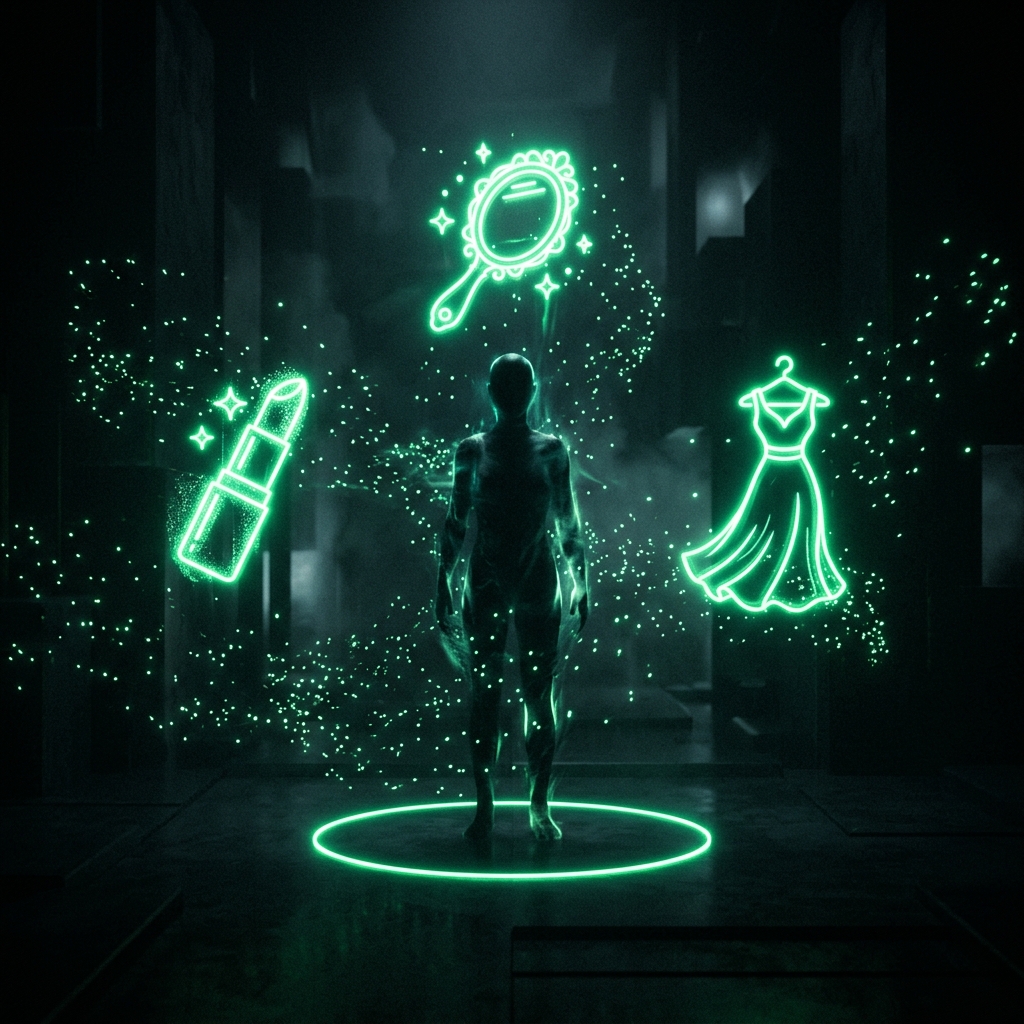 holograma verde neon de batom, espelho e vestido flutuando ao redor de uma silhueta central de avatar, estilo cinematográfico escuro
