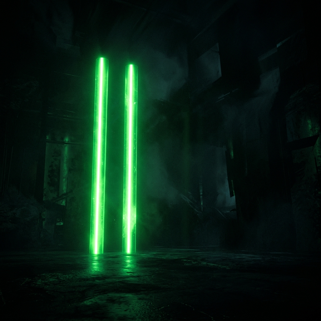 duas colunas de luz verde neon lado a lado representando comparação entre personas de nicho de moda e beleza, estilo cinematográfico escuro