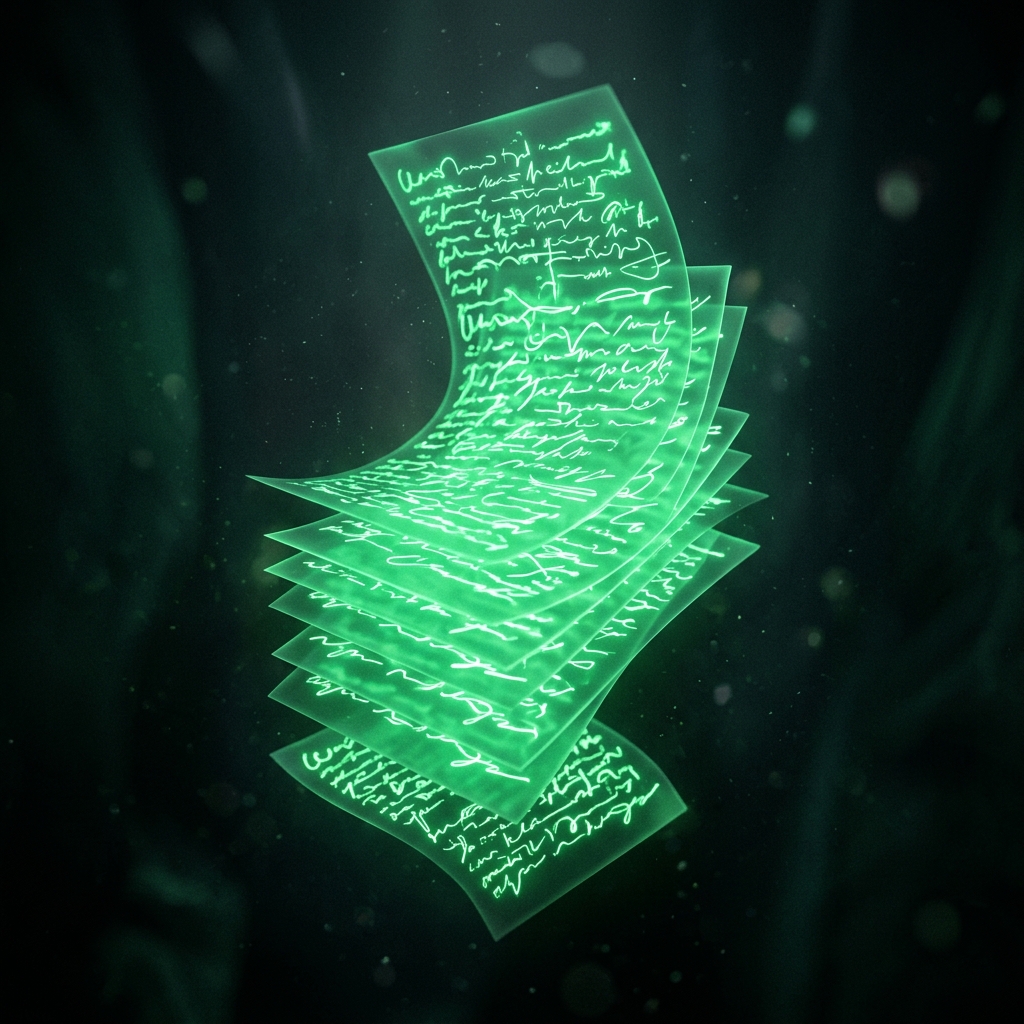 pilha de páginas holográficas verde neon flutuando com linhas abstratas representando roteiro, estilo cinematográfico escuro