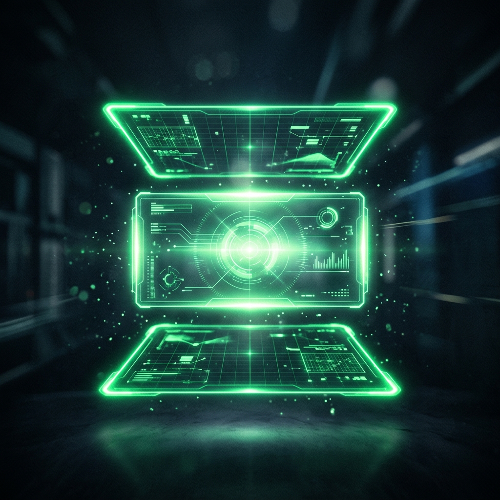 três camadas holográficas verde neon empilhadas representando blocos de anúncio acima, dentro e abaixo de um resumo central, estilo cinematográfico escuro