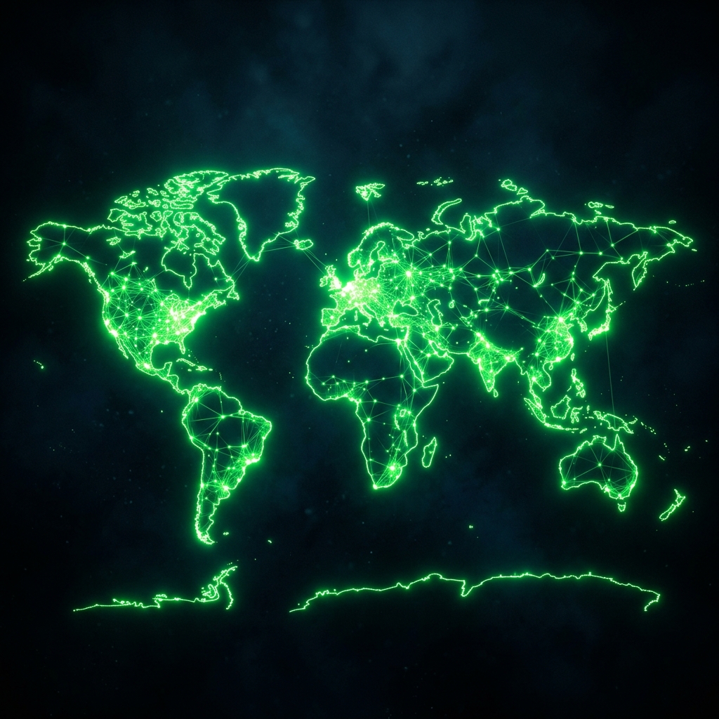 mapa-múndi abstrato em pontos de luz verde neon conectados entre si, estilo cinematográfico escuro