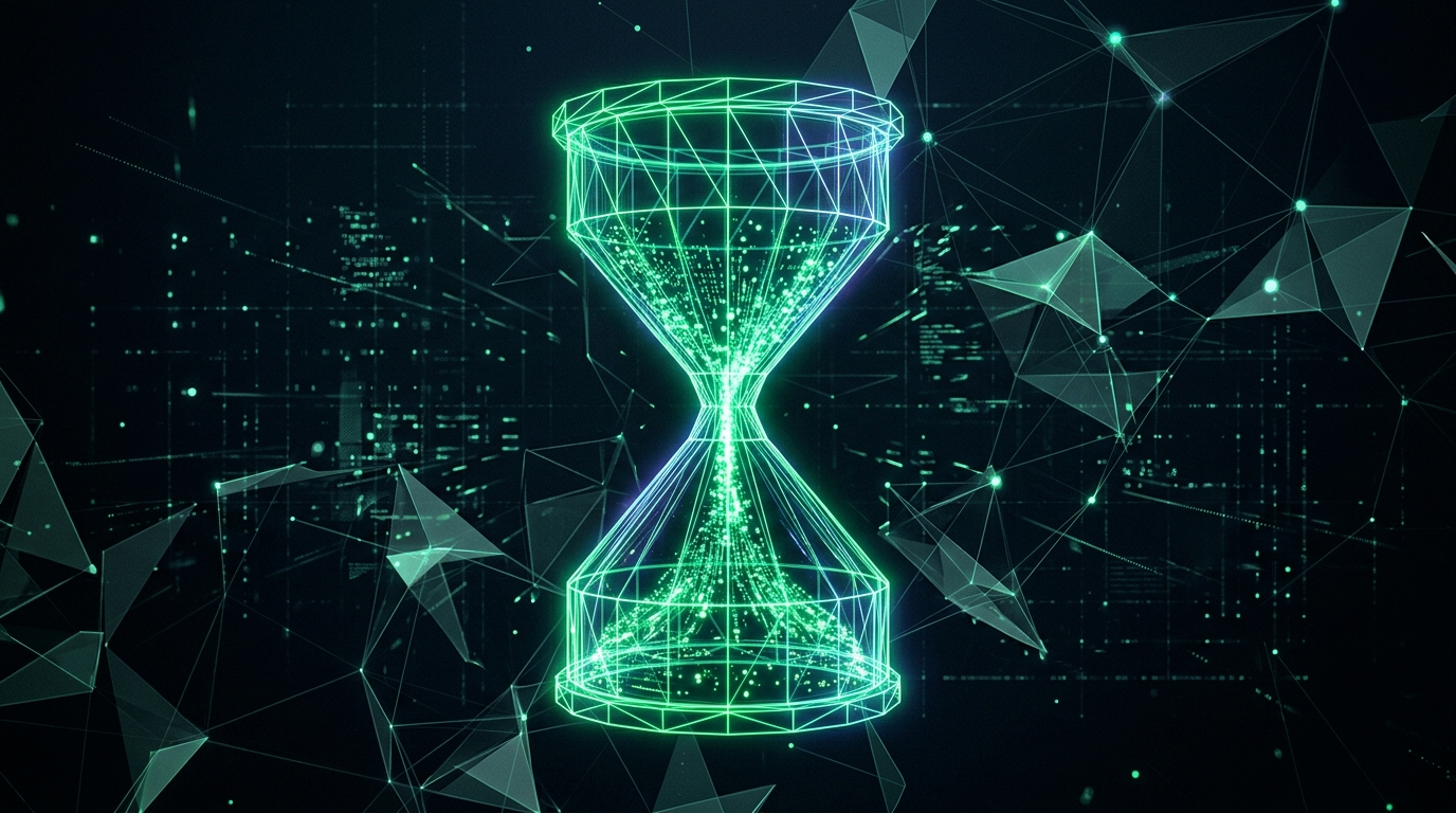 ampulheta holográfica verde neon com partículas de dados escorrendo sobre fundo escuro, representando a janela de tempo até a regra nova