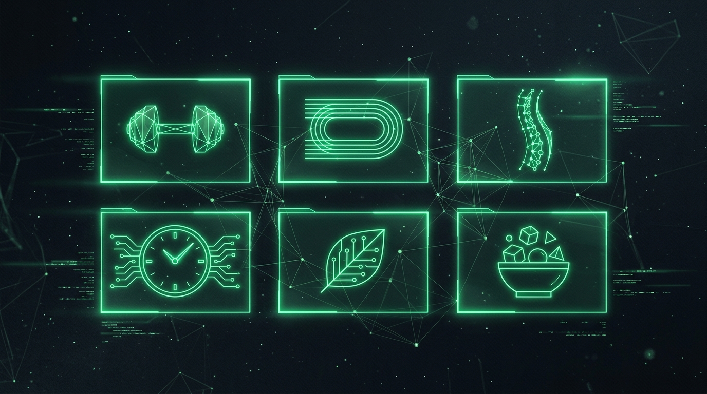 seis módulos holográficos verde neon em grade representando diferentes personas de fitness sobre fundo escuro