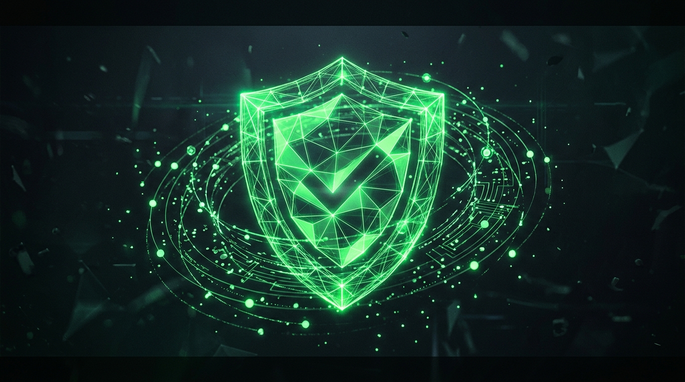 escudo holográfico verde neon com circuitos geométricos sobre fundo escuro representando regras e transparência