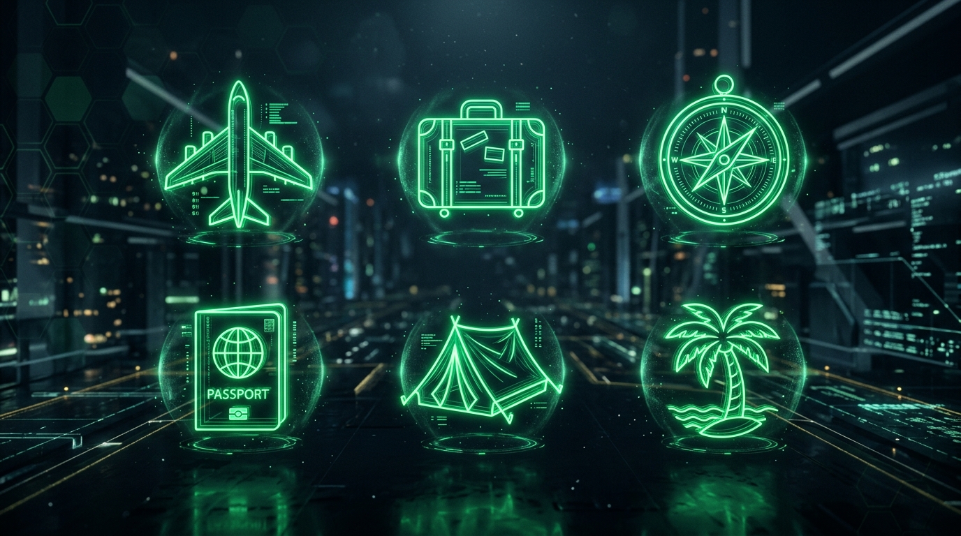 seis módulos holográficos verde neon em grade representando ícones de viagem, fundo escuro cinematográfico