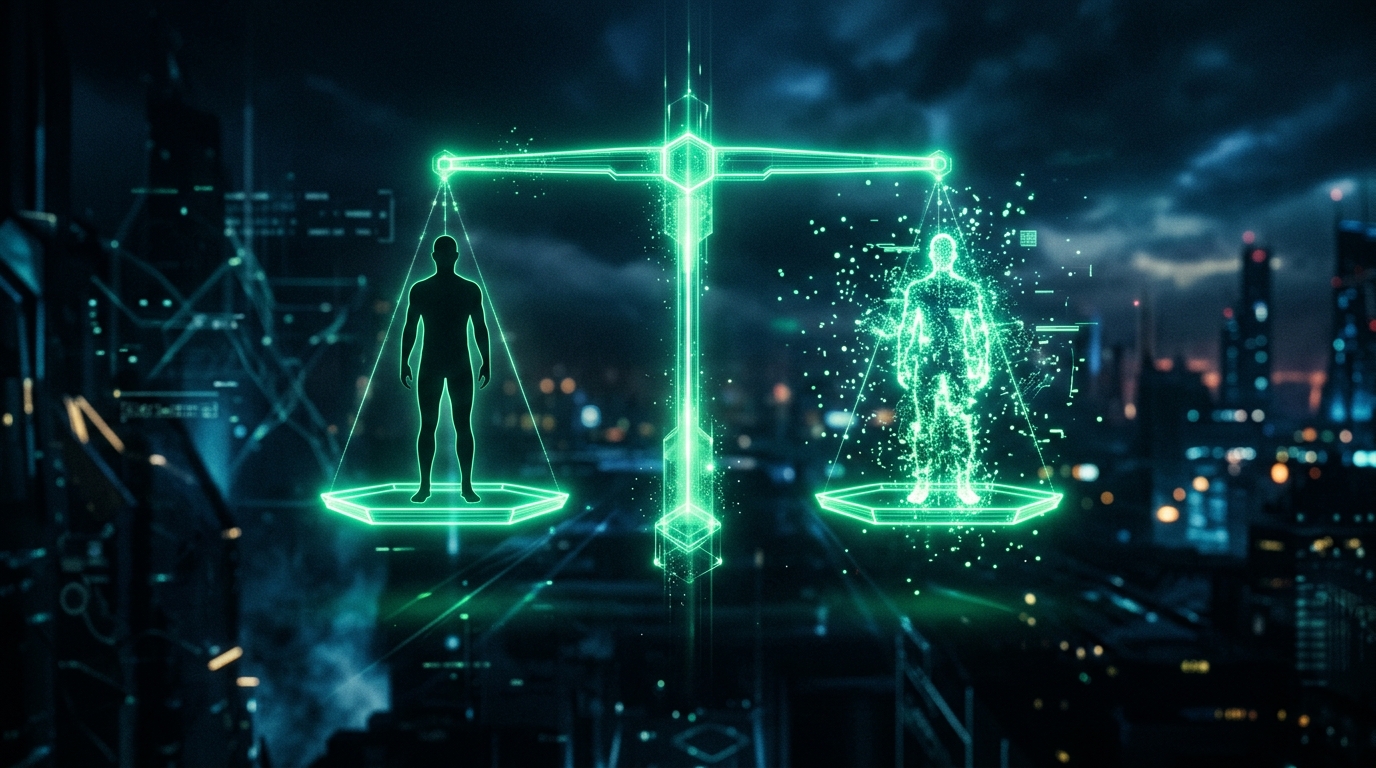 balança holográfica verde neon equilibrando uma silhueta humana e um avatar digital, fundo escuro cinematográfico