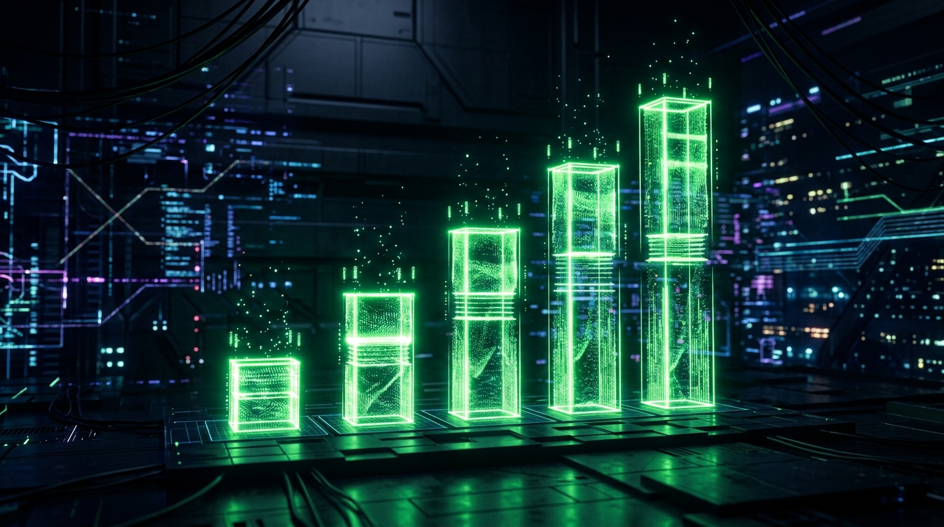 gráfico de barras holográfico verde neon subindo em faixas de preço, fundo escuro cinematográfico