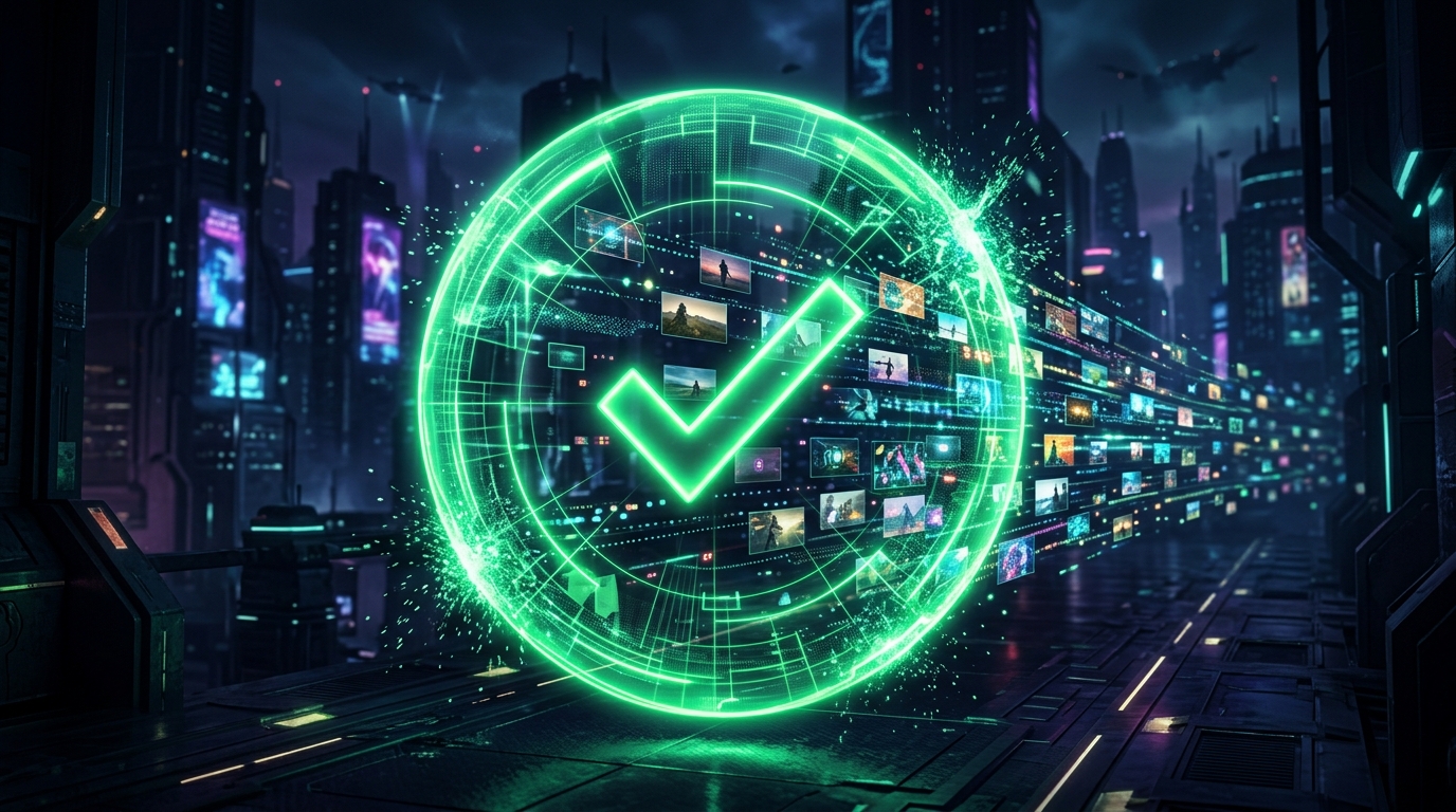 escudo holográfico verde neon com uma marca de checagem protegendo uma sequência de miniaturas de vídeo, fundo escuro cinematográfico