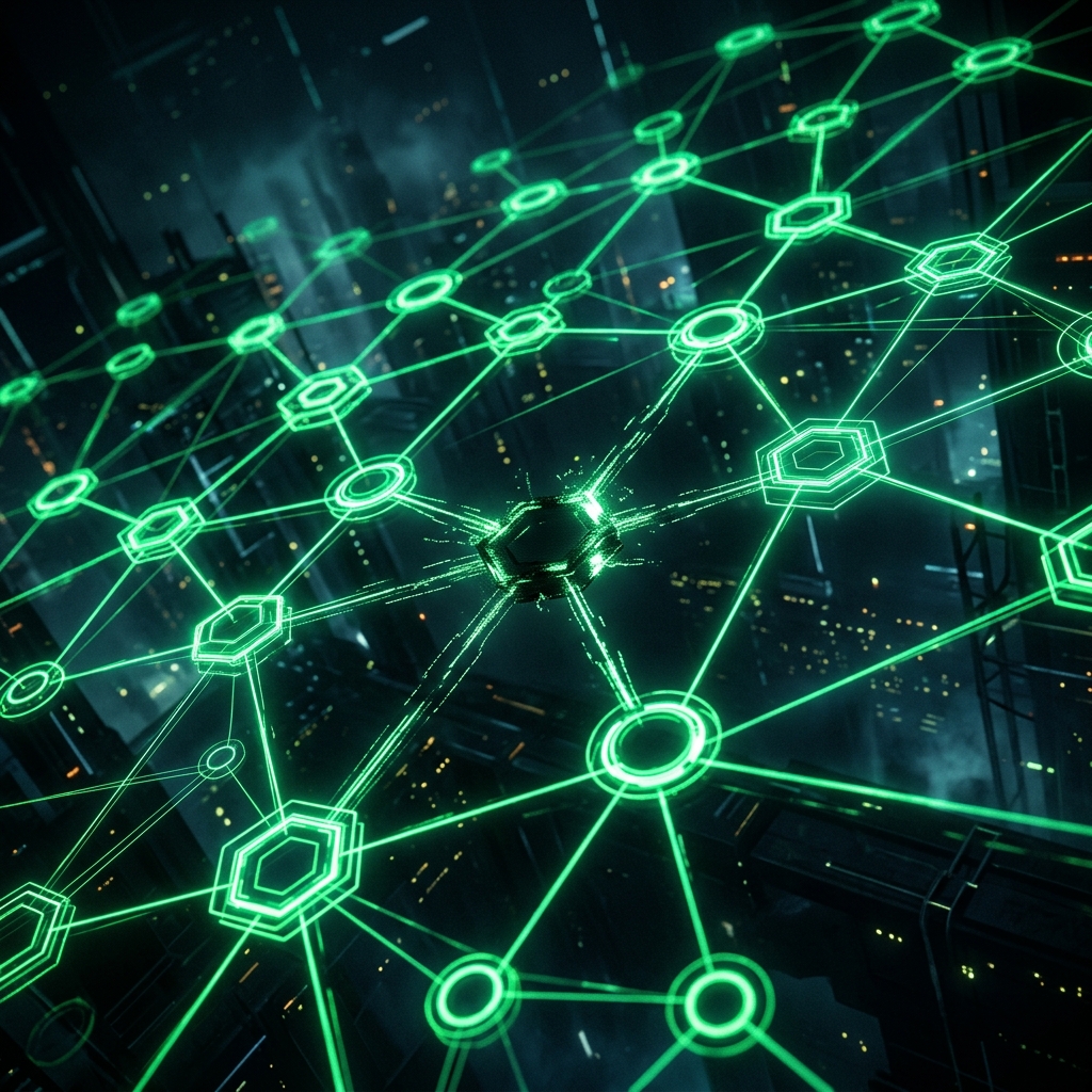 rede holográfica verde neon de ícones de plataformas interconectados com um nó apagando, fundo escuro cinematográfico