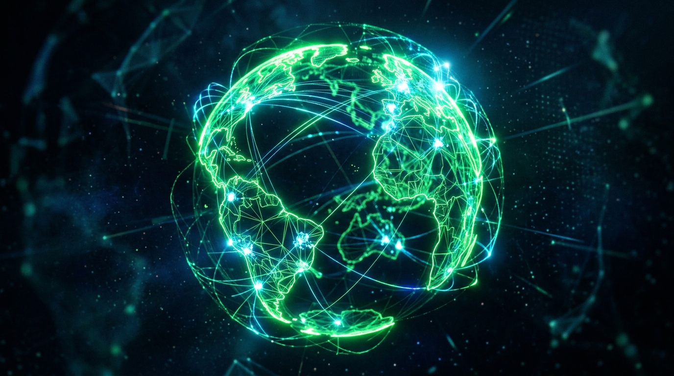 globo digital verde neon com linhas de conexão entre continentes sobre fundo escuro, representando o alcance global das regras de publicidade com ia