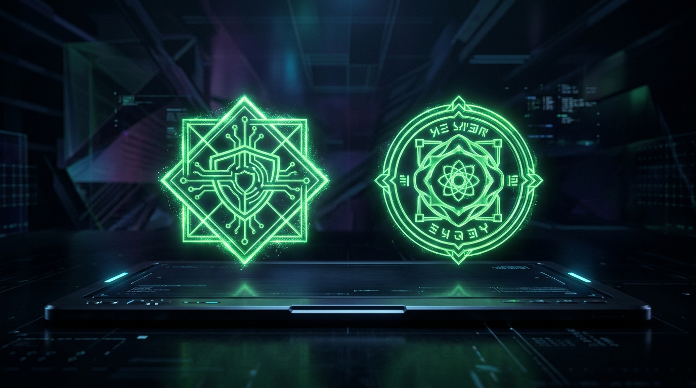 dois selos holográficos verde neon lado a lado sobre um painel de vídeo escuro, representando a dupla rotulagem de publicidade e conteúdo de ia