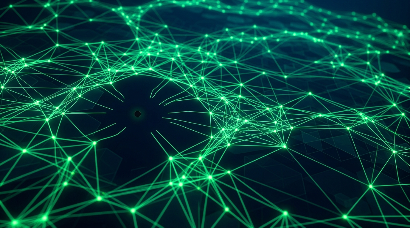 rede de nós verde neon com um nó central isolado e desconectado das linhas de recomendação, representando perfil que perde alcance por não usar o selo