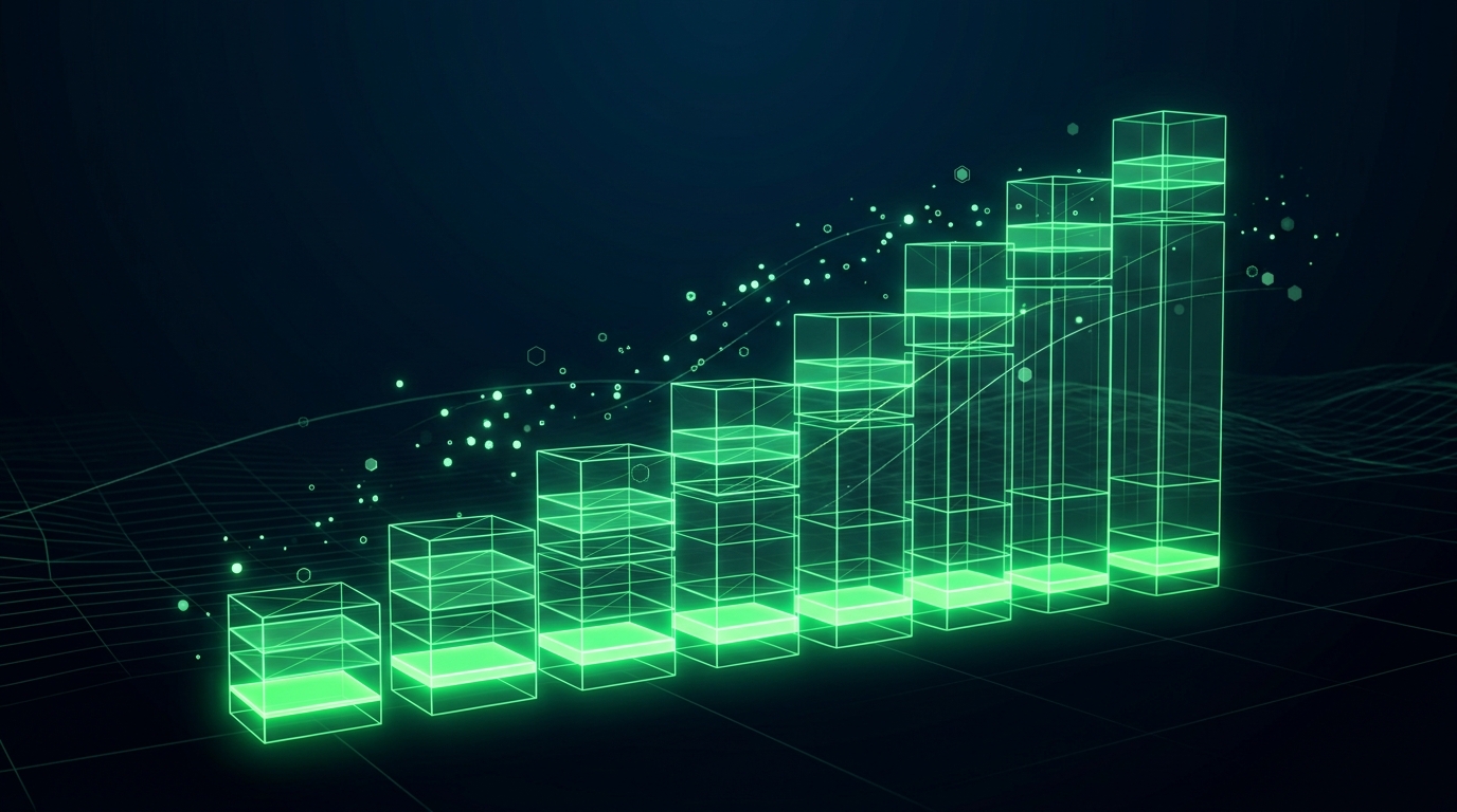 gráfico holográfico verde neon com barras empilhadas em camadas sobre fundo escuro, representando receita recorrente somada a outras fontes