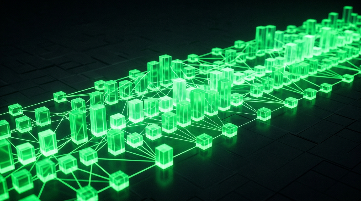 grade holográfica verde neon com blocos de tamanhos diferentes empilhados por segundo, representando custo de créditos por configuração de vídeo
