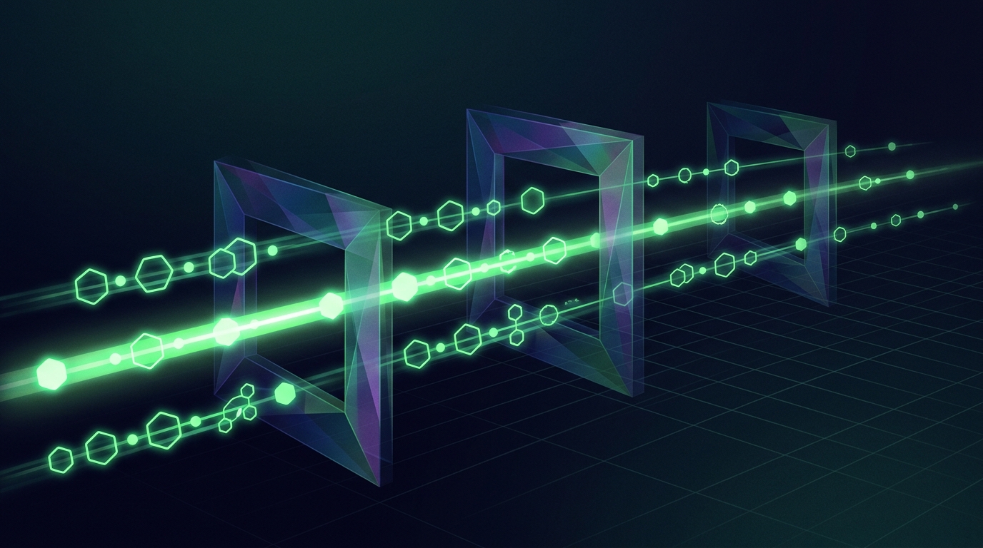 três trilhas de nós verde neon passando por portais geométricos holográficos sobre fundo escuro, representando os testes de validação da persona