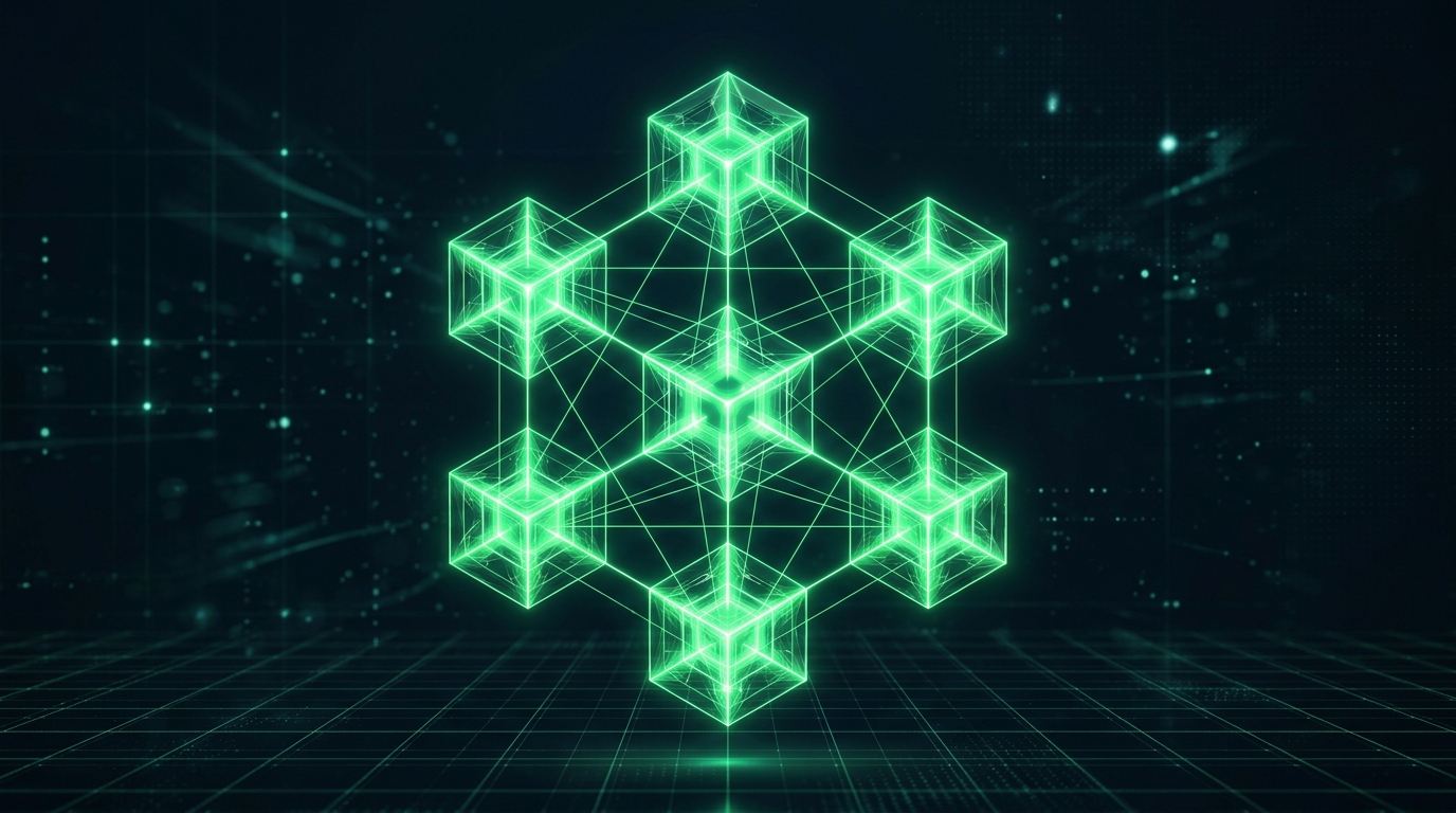 seis blocos holográficos verde neon interligados por linhas de luz sobre fundo escuro, representando os componentes da persona de um personagem de ia