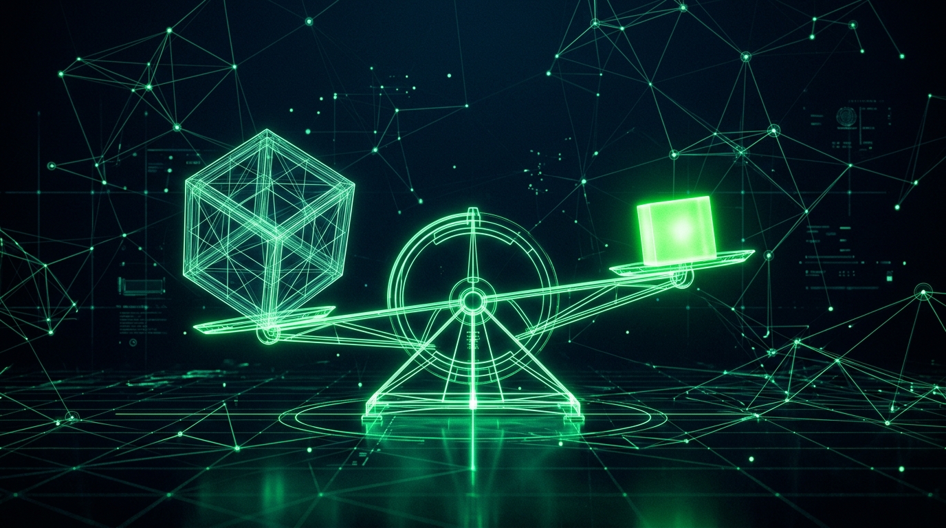 balança holográfica verde neon equilibrando um bloco grande e vazio contra um bloco pequeno e denso sobre fundo escuro, representando alcance versus engajamento