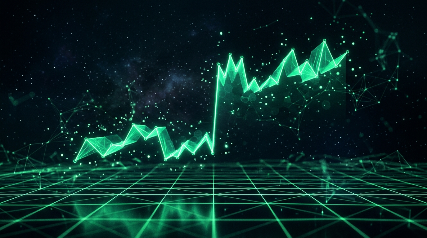 linha de gráfico holográfica verde neon com um degrau abrupto no meio sobre fundo escuro, representando a quebra na série histórica de views
