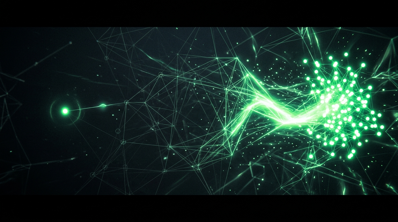 um nó verde neon isolado emitindo um sinal fraco enquanto muitos nós ao redor se acendem juntos, representando marcação individual versus volume de reports