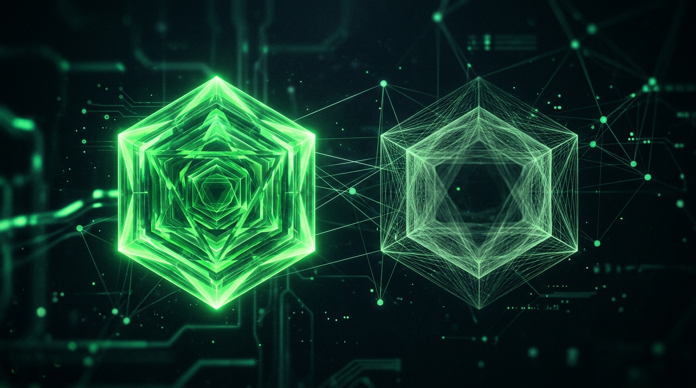 duas estruturas holográficas verde neon lado a lado, uma sólida e definida e outra vazia e translúcida, representando personagem com ponto de vista versus conteúdo genérico