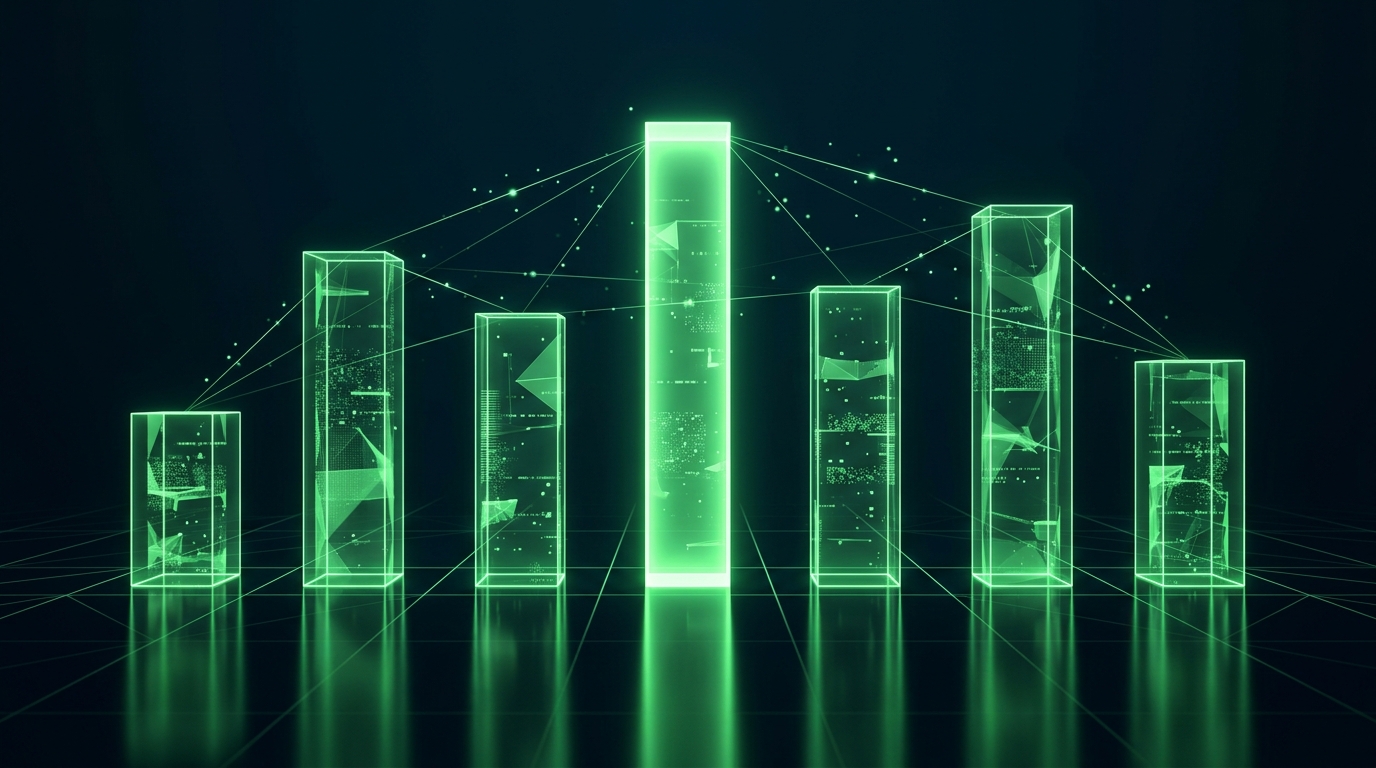 sete colunas holográficas verde neon de alturas muito diferentes alinhadas sobre fundo escuro, representando a comparação de preço por segundo entre modelos de vídeo de ia