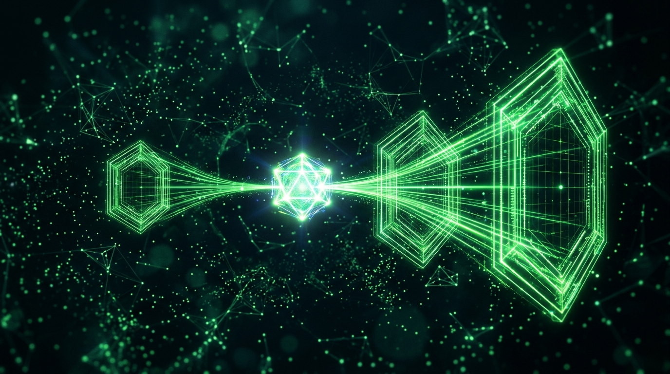 três portais geométricos holográficos verde neon de tamanhos diferentes levando ao mesmo núcleo luminoso, representando api, plataforma e agregador como portas de entrada pro mesmo modelo de vídeo
