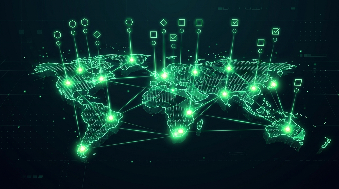 mapa holográfico verde neon com doze pontos conectados por linhas de luz representando os países do programa de afiliados
