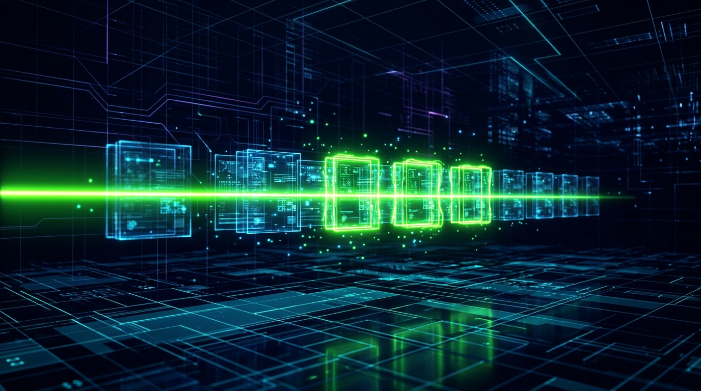 feixe de varredura verde neon passando sobre uma fileira de blocos holográficos e marcando alguns deles, fundo escuro futurista