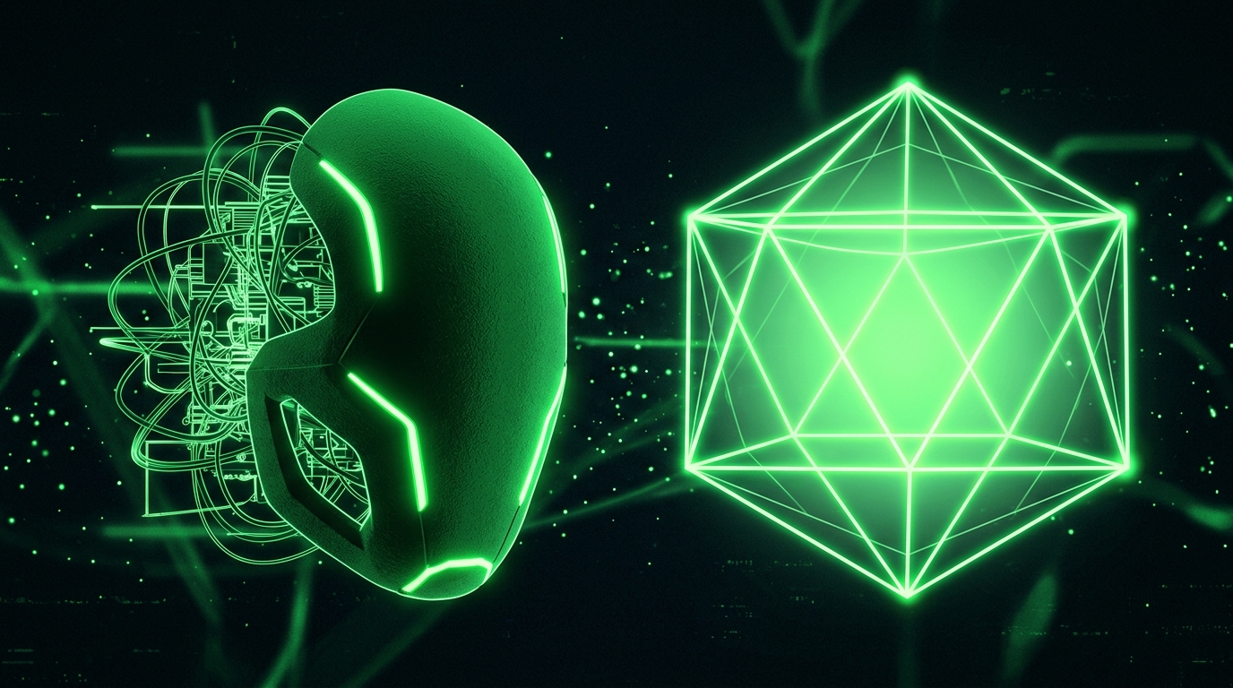 duas estruturas geométricas verde neon lado a lado: uma máscara translúcida escondendo um circuito e uma forma aberta e transparente iluminada