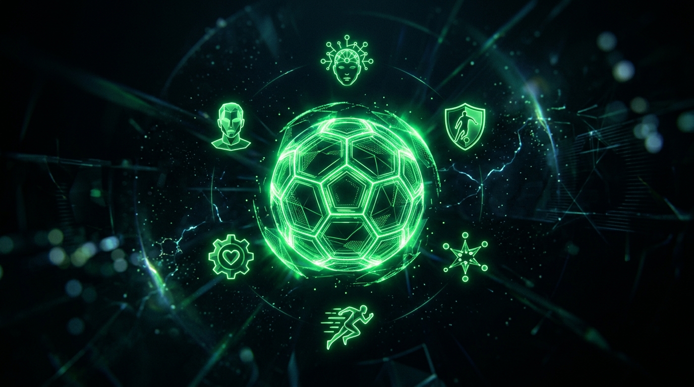 holograma verde neon de uma bola de futebol estilizada cercada por seis ícones de persona flutuando, estilo cinematográfico escuro