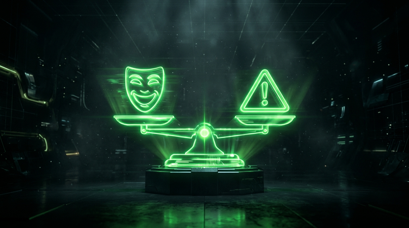 balança holográfica verde neon equilibrando uma máscara de teatro e um ícone de aviso, representando o limite entre paródia e conteúdo real, estilo cinematográfico escuro
