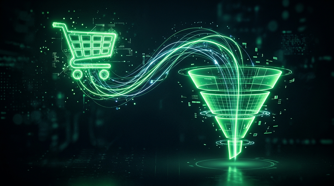 holograma verde neon de um carrinho de compras conectado a um funil de conversão, estilo cinematográfico escuro