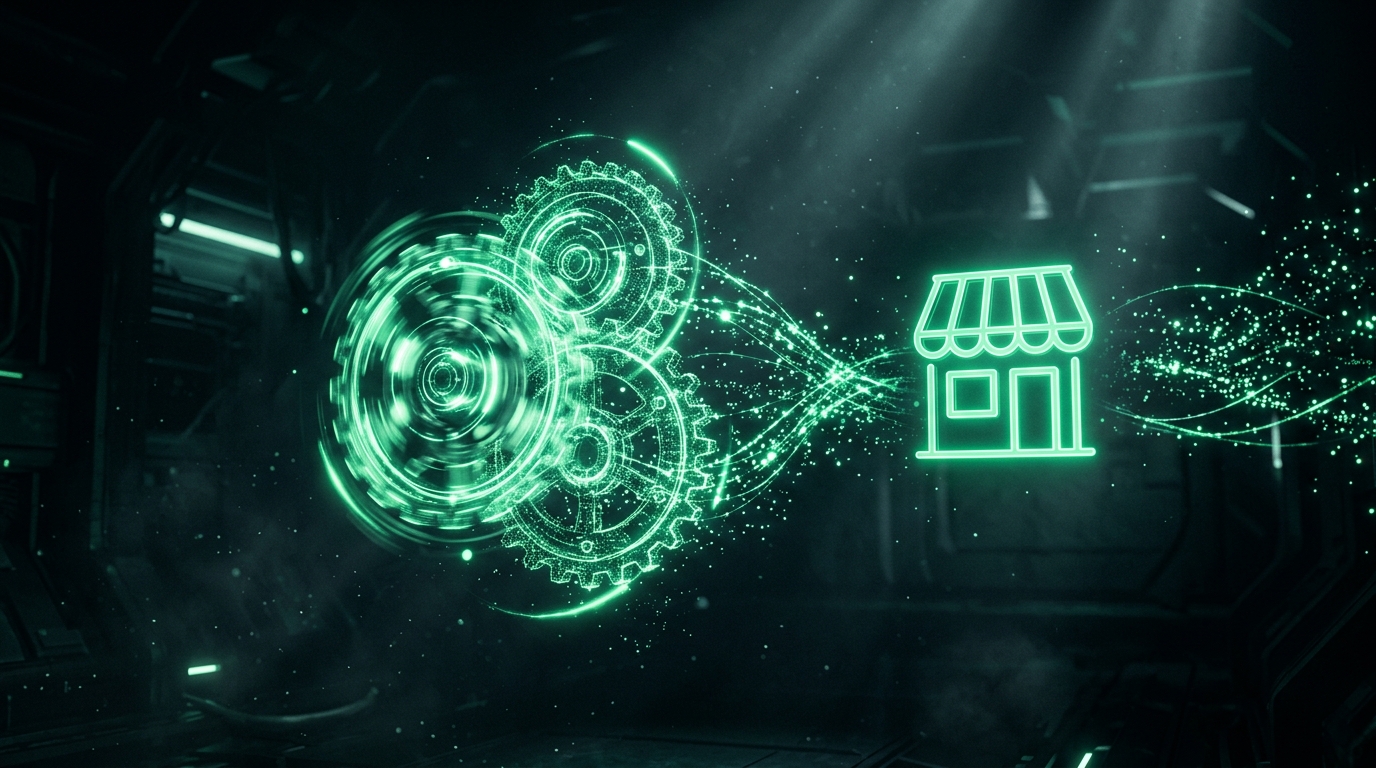 engrenagem holográfica verde neon girando ao lado de um ícone de loja, representando automação de anúncio conectada a uma vitrine, estilo cinematográfico escuro