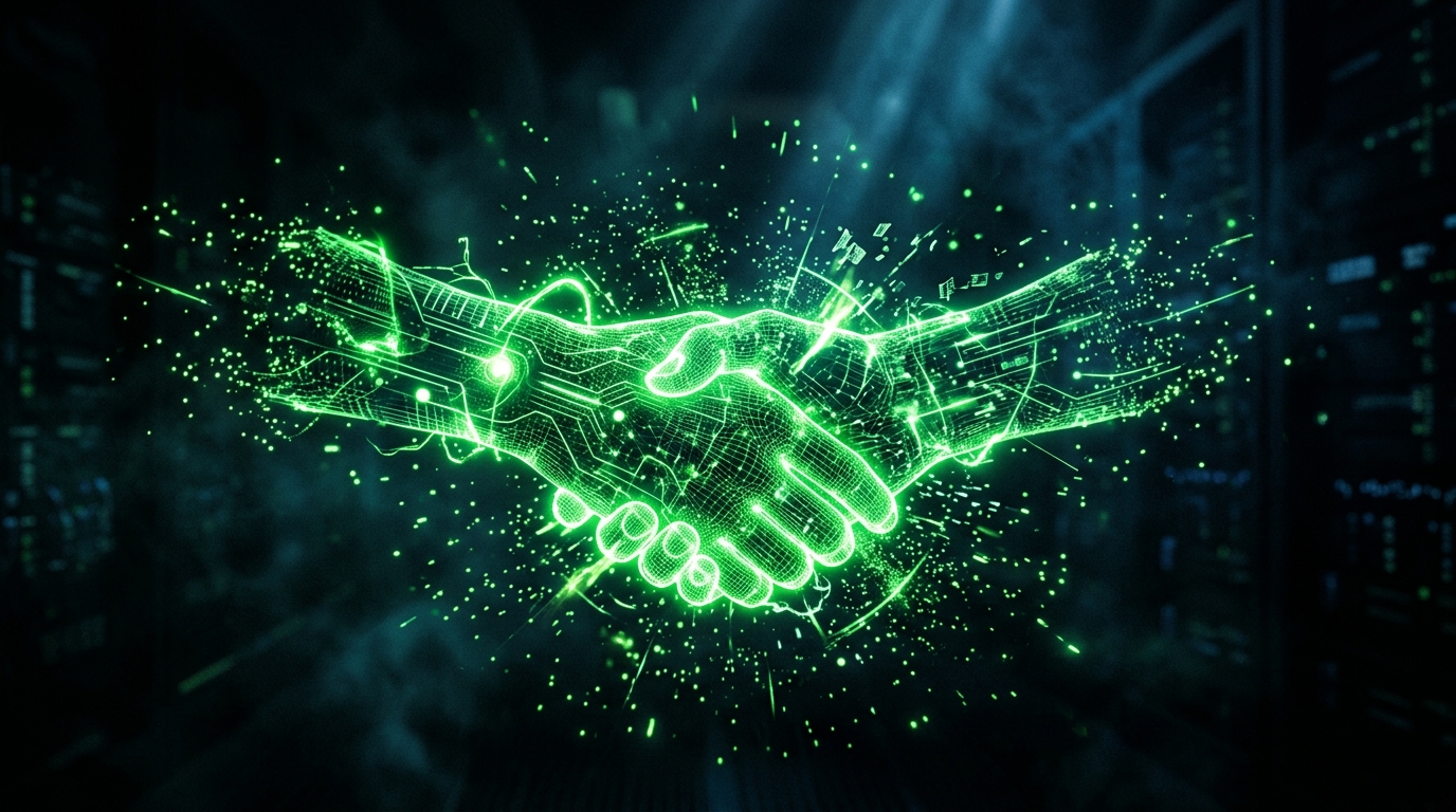 duas mãos holográficas verde neon fechando um aperto de mão digital sobre um fundo escuro cinematográfico