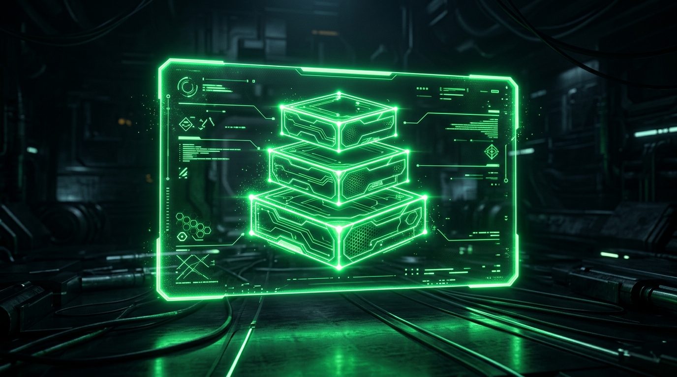 painel holográfico verde neon exibindo três blocos de pacote de serviço empilhados, estilo cinematográfico escuro