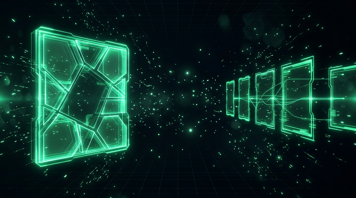 duas estruturas holográficas verde neon lado a lado, uma com vários planos dentro de um único quadro e outra com quadros separados sendo emendados, sobre fundo escuro