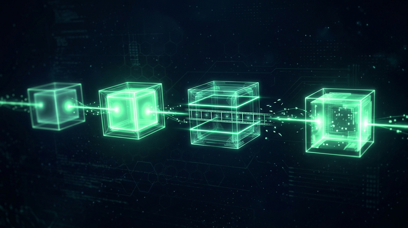 quatro blocos holográficos verde neon em sequência, representando as etapas de gerar, salvar, cortar e ajustar um reels, conectados por linhas luminosas sobre fundo escuro