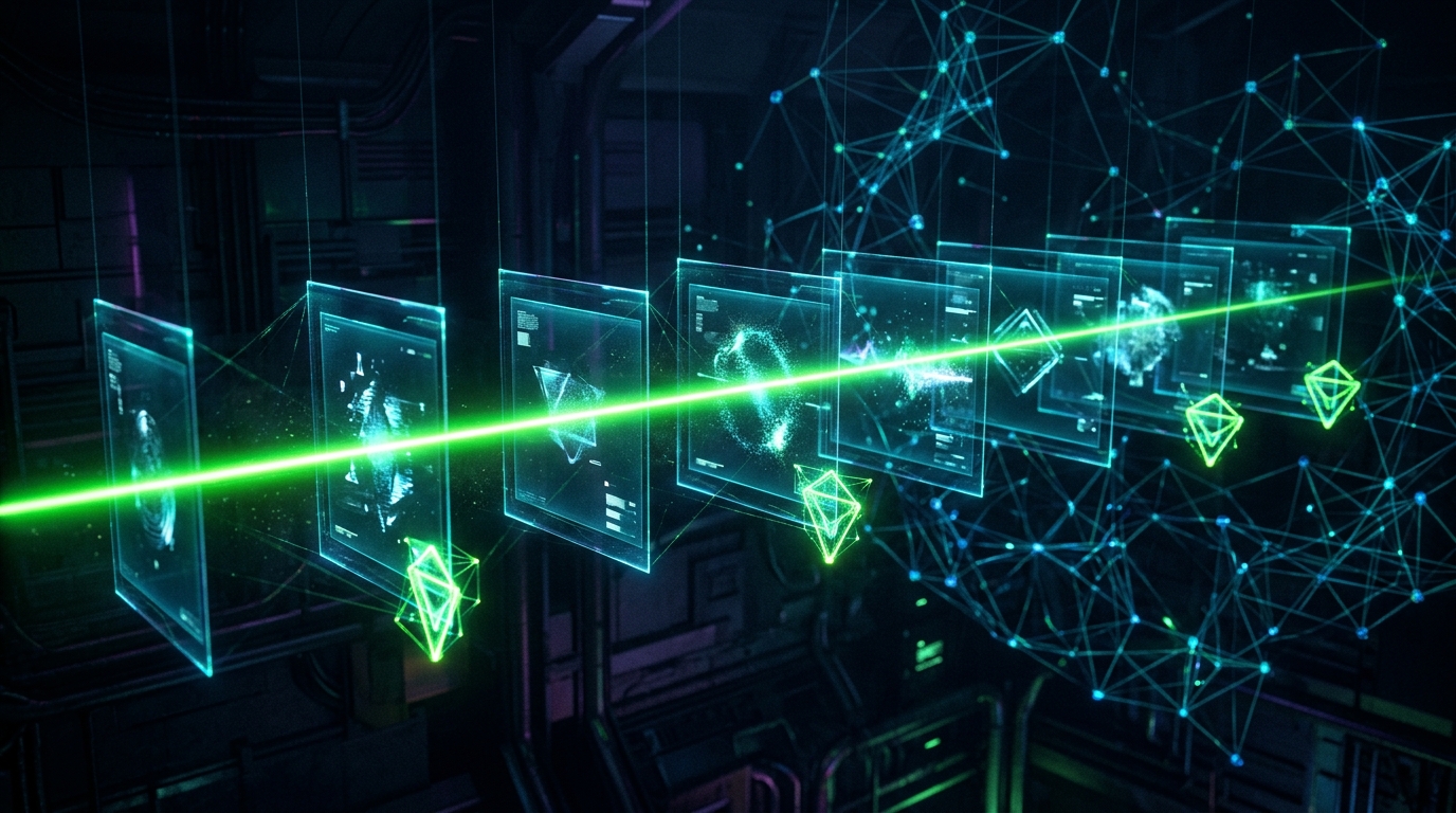 feixe de varredura verde neon passando sobre uma fileira de painéis de vídeo holográficos e marcando alguns com um selo geométrico, representando a detecção automática de publi
