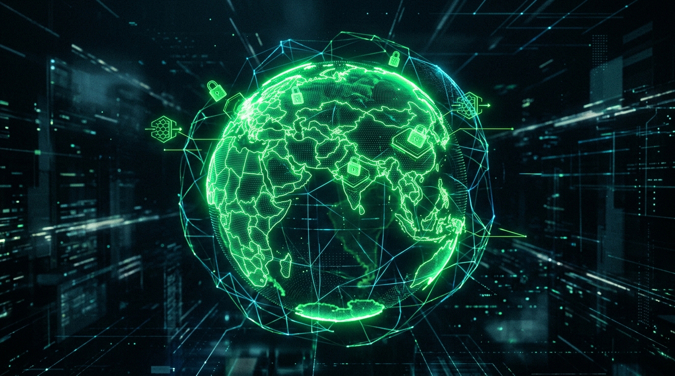 globo holográfico verde neon com regiões delimitadas e cadeados geométricos flutuantes, representando o controle de idade e país na declaração de conteúdo de marca
