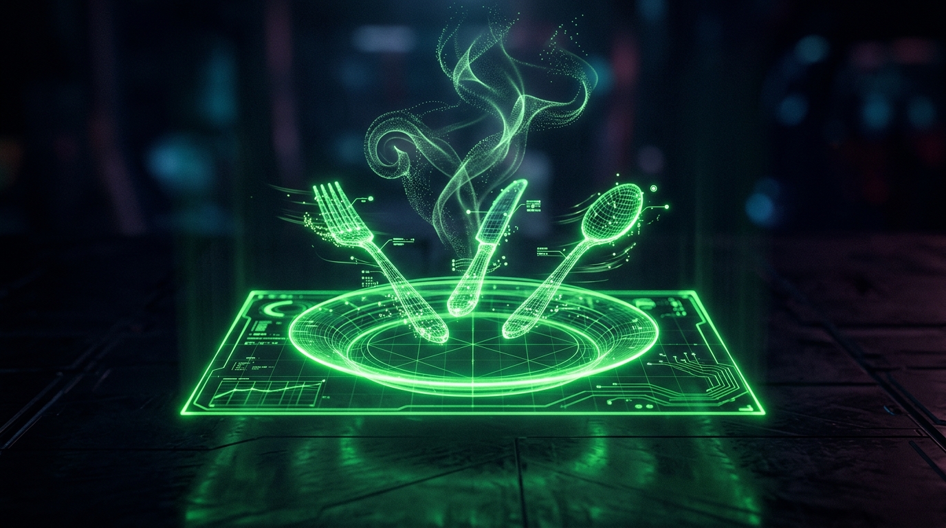 prato holográfico verde neon com talheres estilizados flutuando sobre fundo escuro cinematográfico