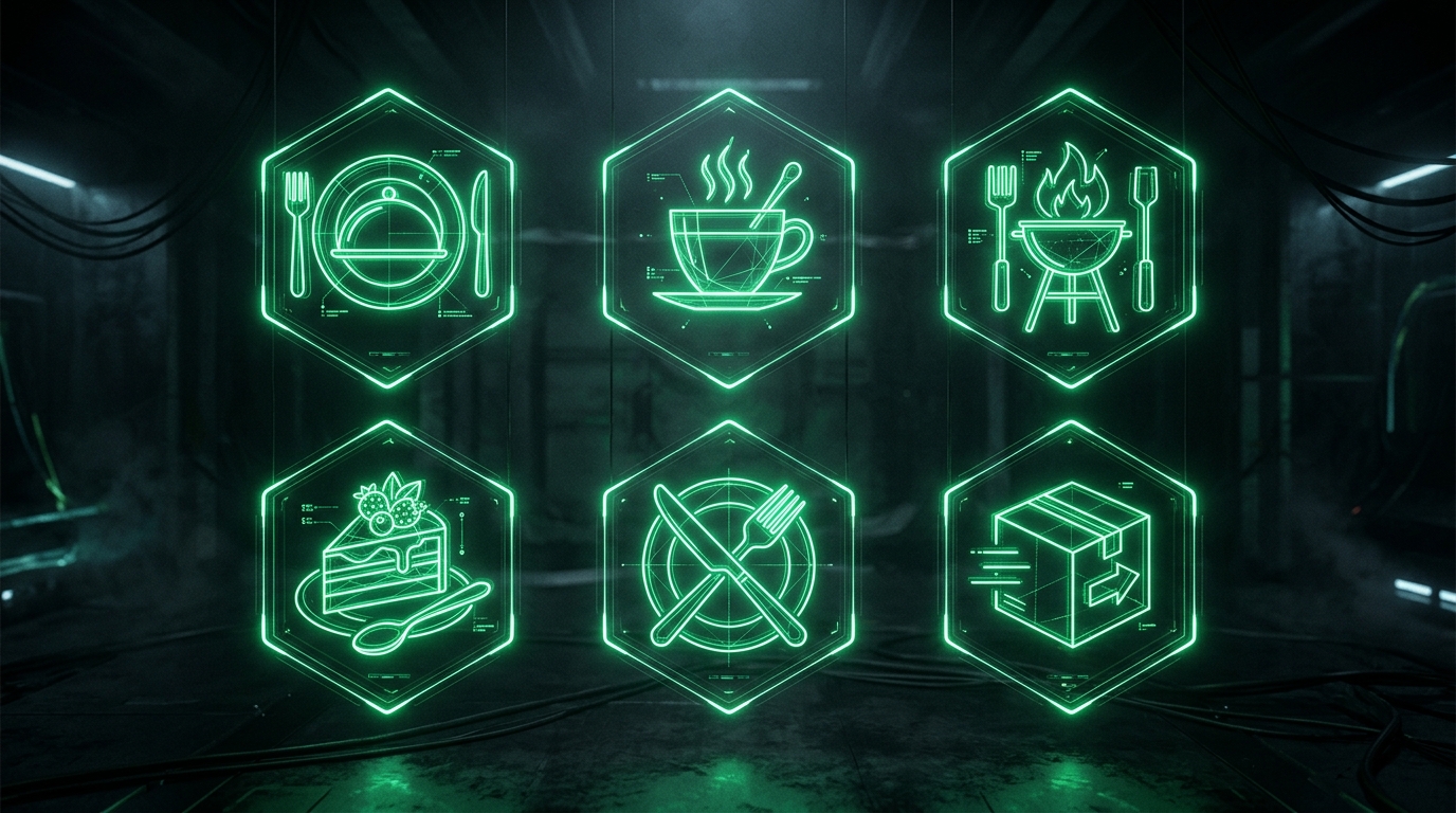 seis módulos holográficos verde neon em grade representando diferentes personas de gastronomia sobre fundo escuro