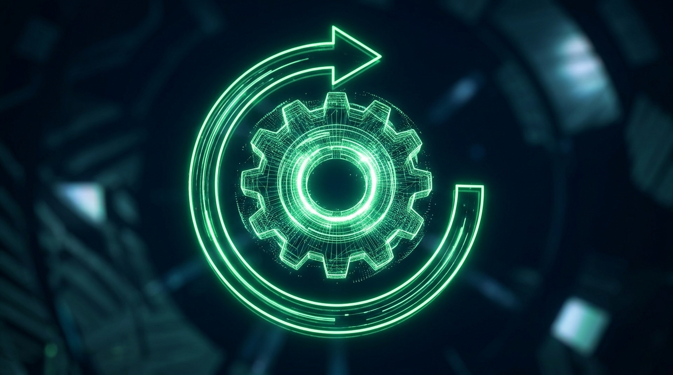 engrenagem holográfica verde neon com uma seta circular incompleta, representando o limite de reverter a migração automática, estilo cinematográfico escuro