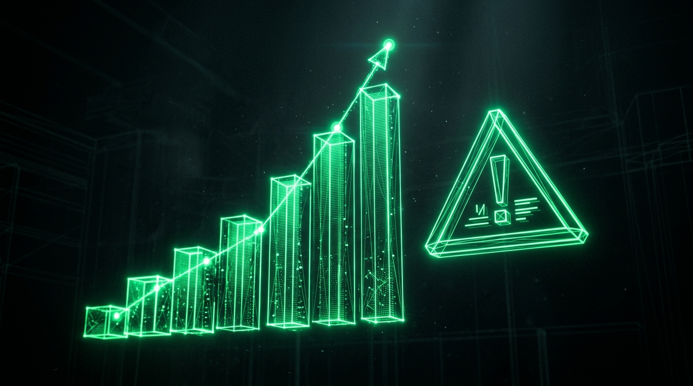 gráfico holográfico verde neon com barras subindo ao lado de um símbolo de alerta geométrico, representando ganho de conversão e risco de orçamento, estilo cinematográfico escuro