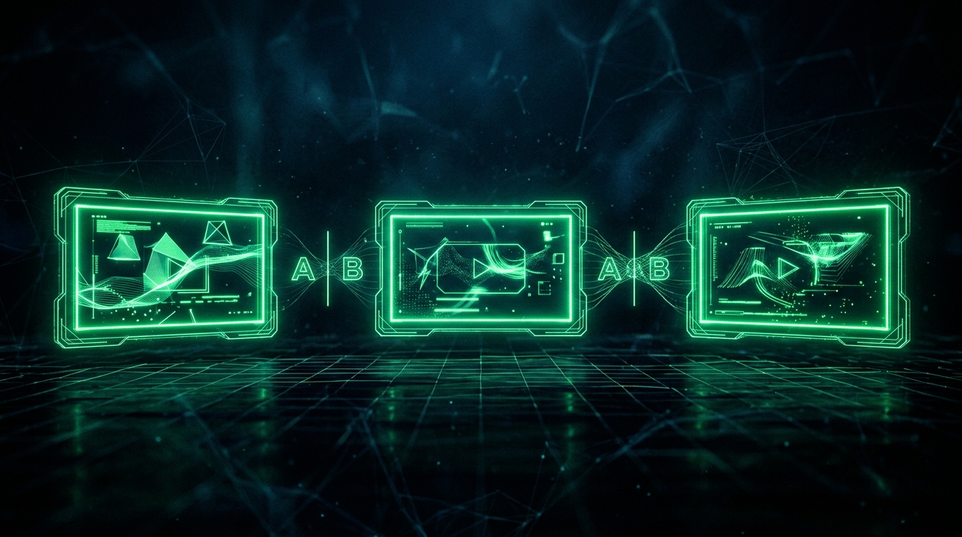 sequência holográfica verde neon de três miniaturas lado a lado com marcações de teste a/b, estilo cinematográfico escuro