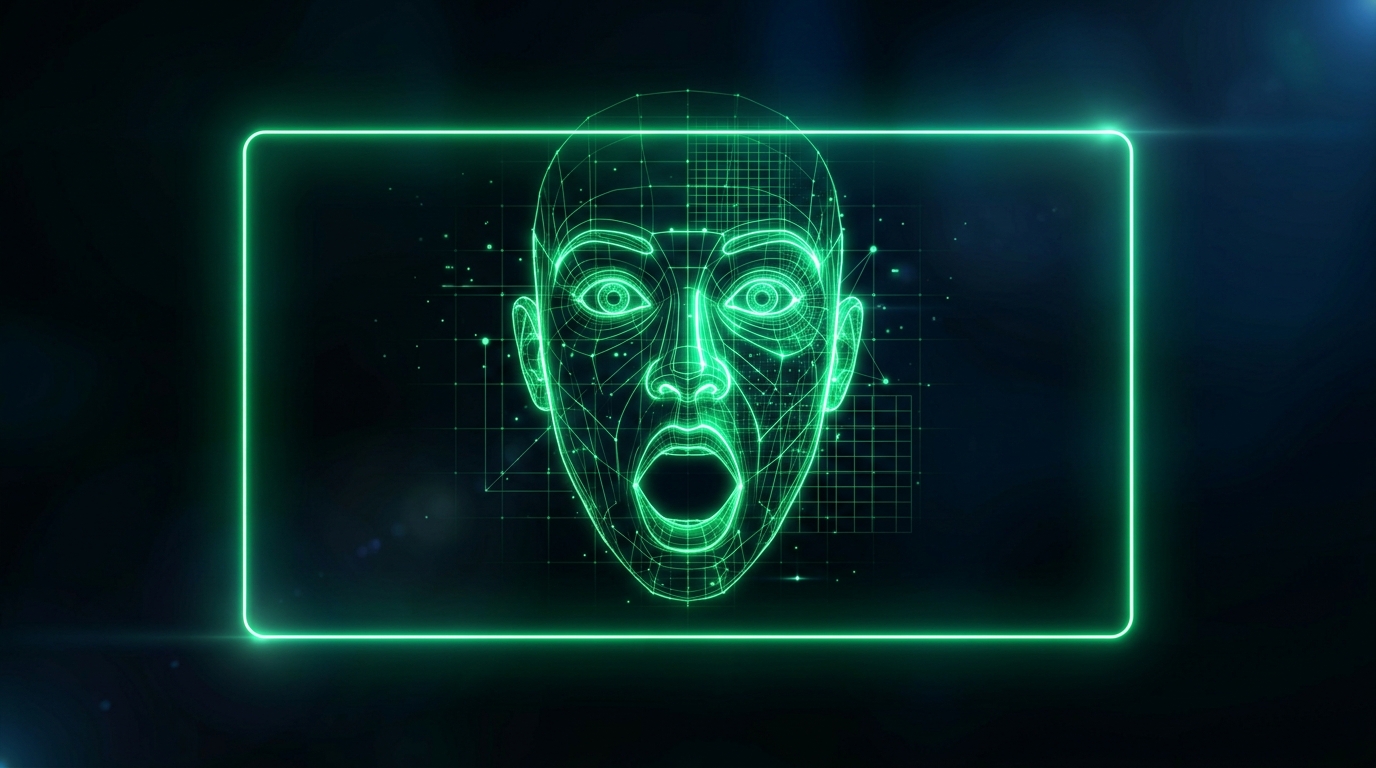 rosto holográfico verde neon com expressão de choque em destaque dentro de uma moldura de thumbnail, estilo cinematográfico escuro