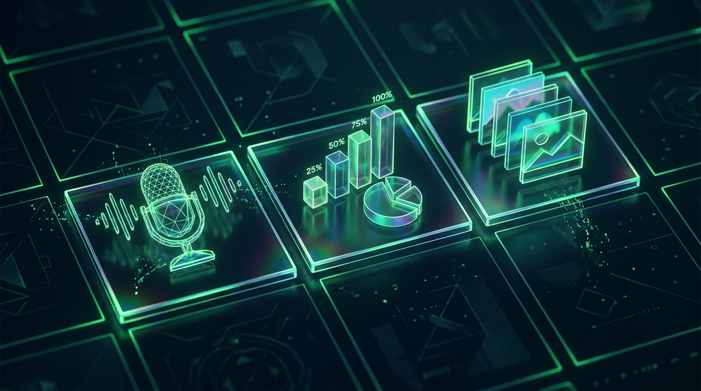 grade de ícones holográficos verde neon representando microfone, enquete e carrossel flutuando sobre fundo escuro